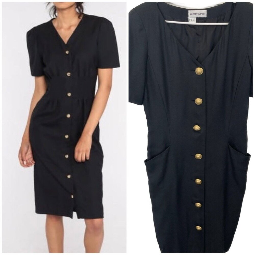 Albert Nipon Black Midi Dress 80s Sheath Button Up w/ Gold Tone Buttons 12 L